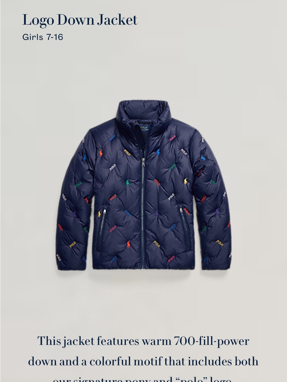 Polo by Ralph Lauren Navy Puffer Jacket with Multicolor Logos